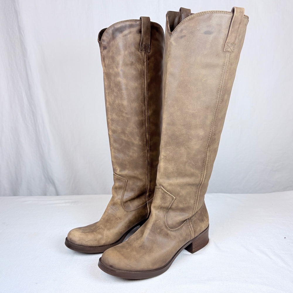 Lucky Brand Hippie Tan Distressed Leather Knee High Western Boots Womens 7.5M